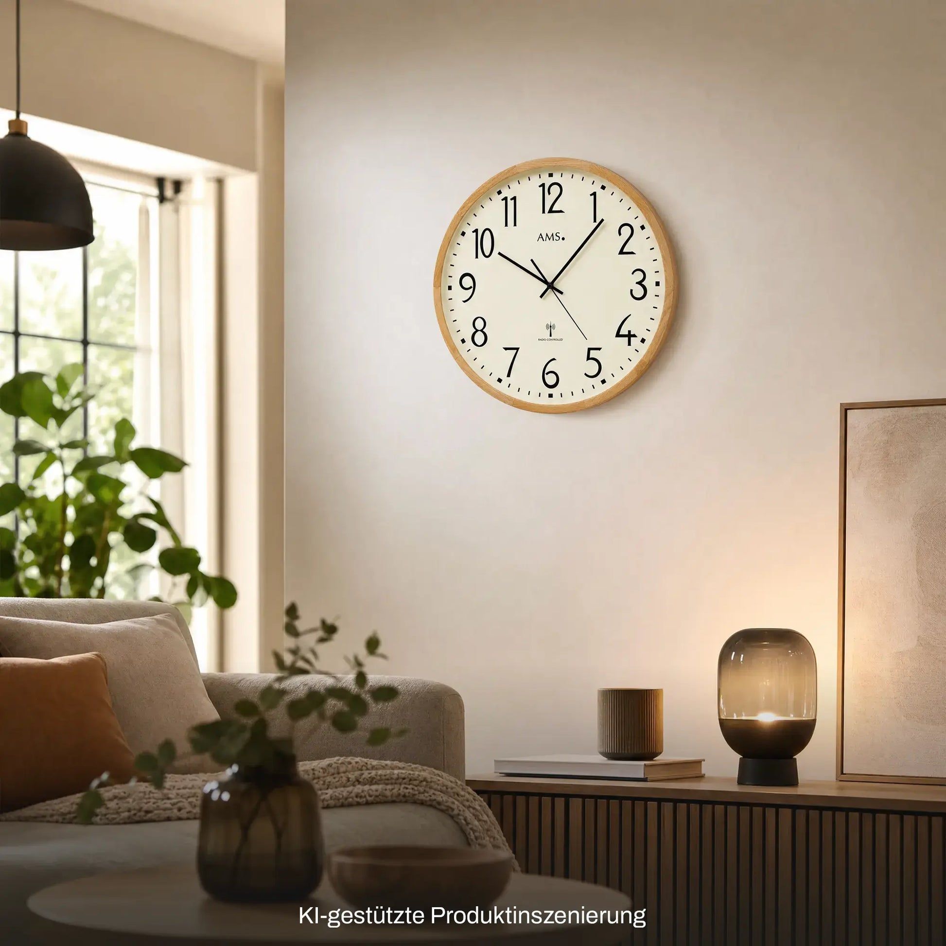 Runde Wanduhr an der Wand mit beigem Zifferblatt und Buchenholzrahmen, schwarze Zeiger