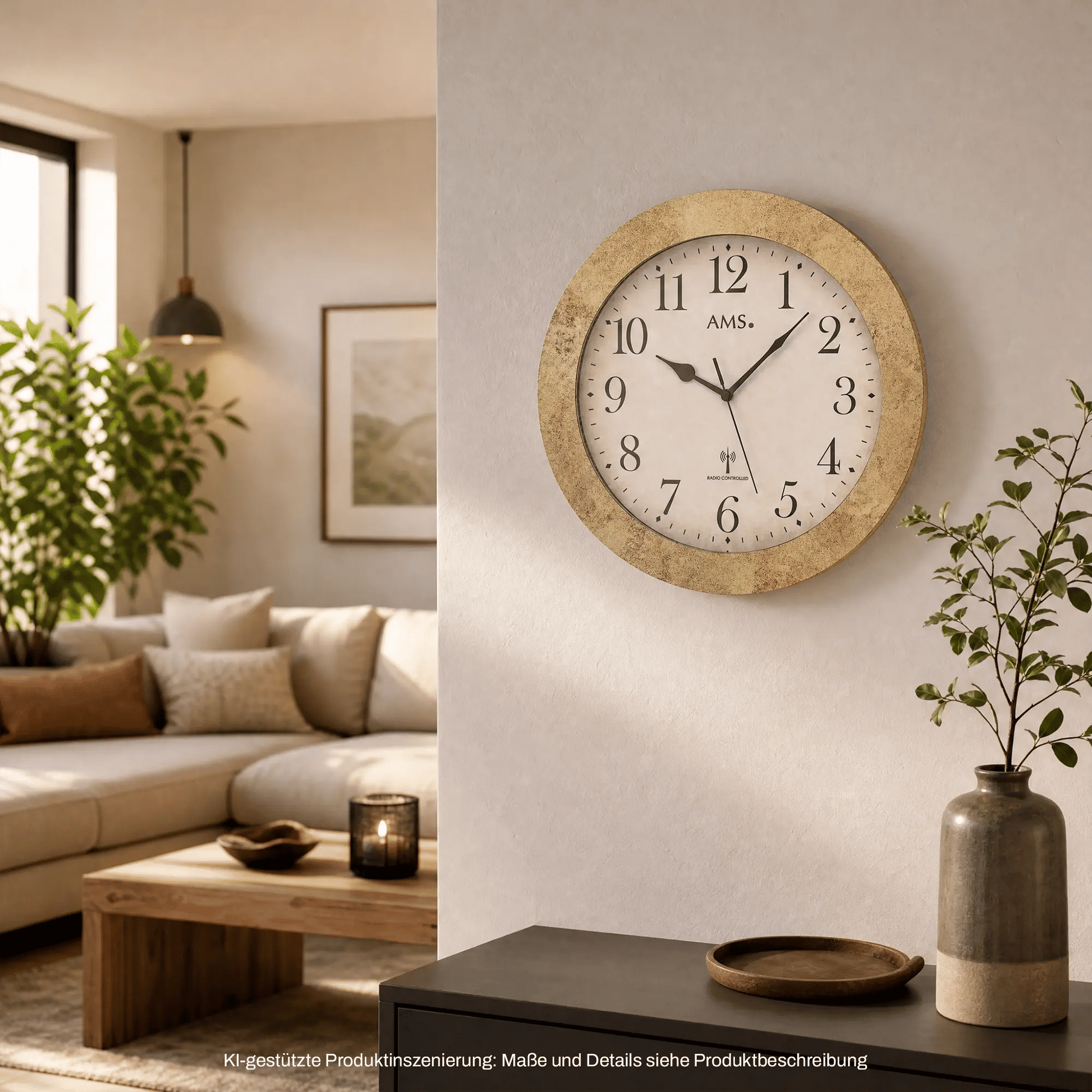 Orologio da parete rotondo con cornice effetto legno beige e quadrante bianco, numeri romani