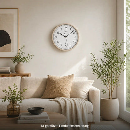 AMS Funk-Wanduhr mit arabischen Ziffern, weißem Zifferblatt und beigem Rahmen