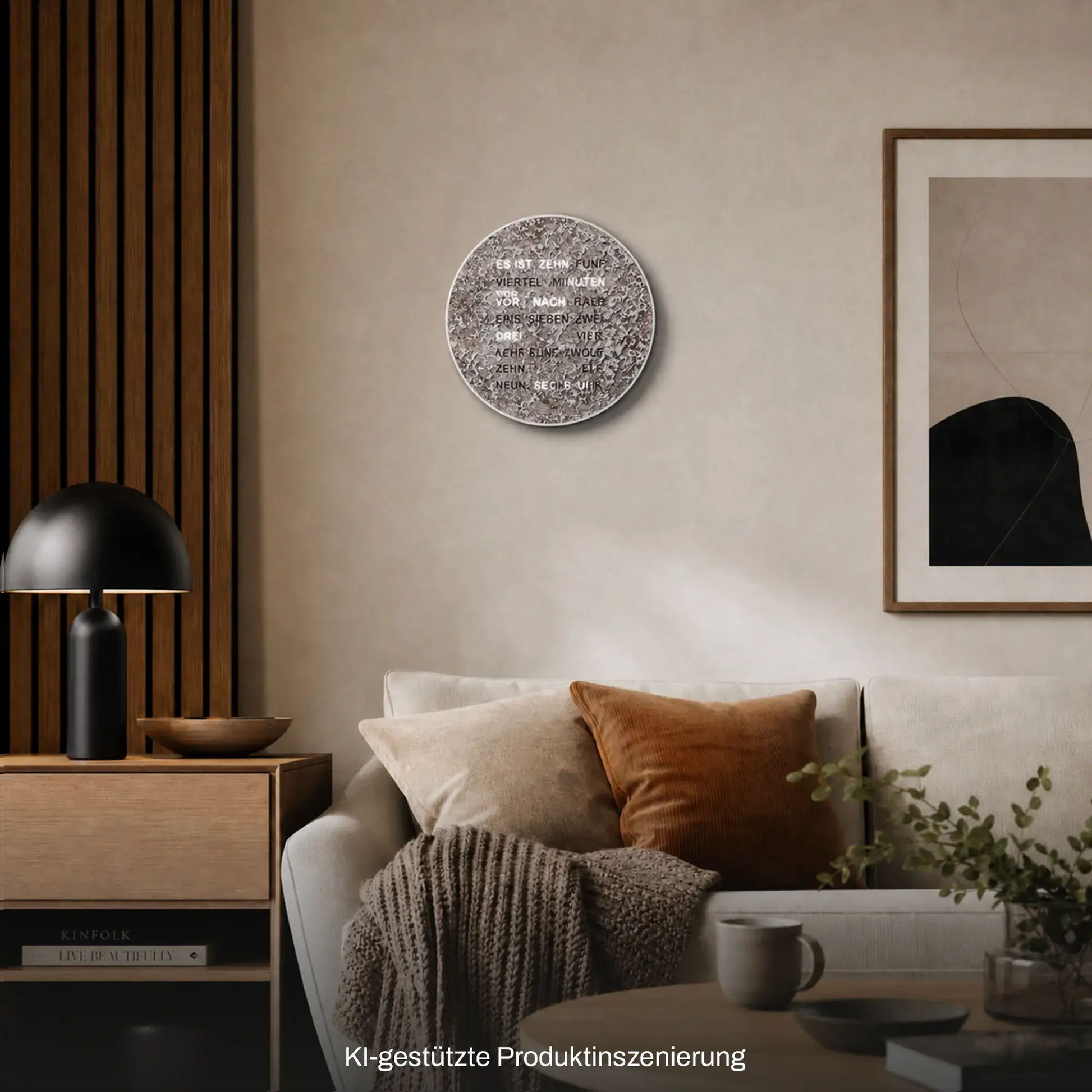 Runde metallische LED-Wortuhr an der Wand mit Wortzeit-Anzeige im Kreis