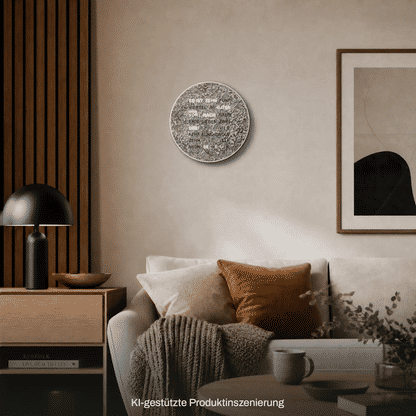Runde metallische LED-Wortuhr an der Wand mit Wortzeit-Anzeige im Kreis