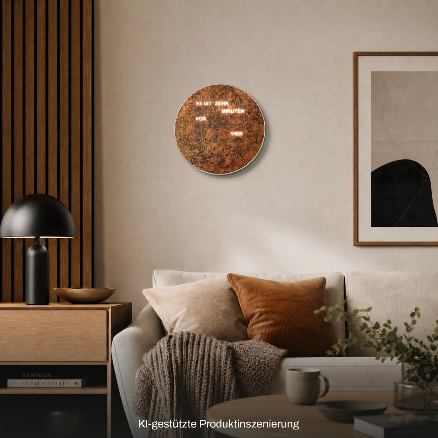 Runde LED-Wortuhr im Kupfer-Look mit Wortanzeige, an der Wand