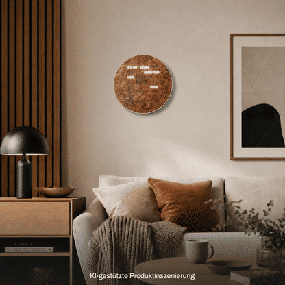 Runde LED-Wortuhr im Kupfer-Look mit Wortanzeige, an der Wand