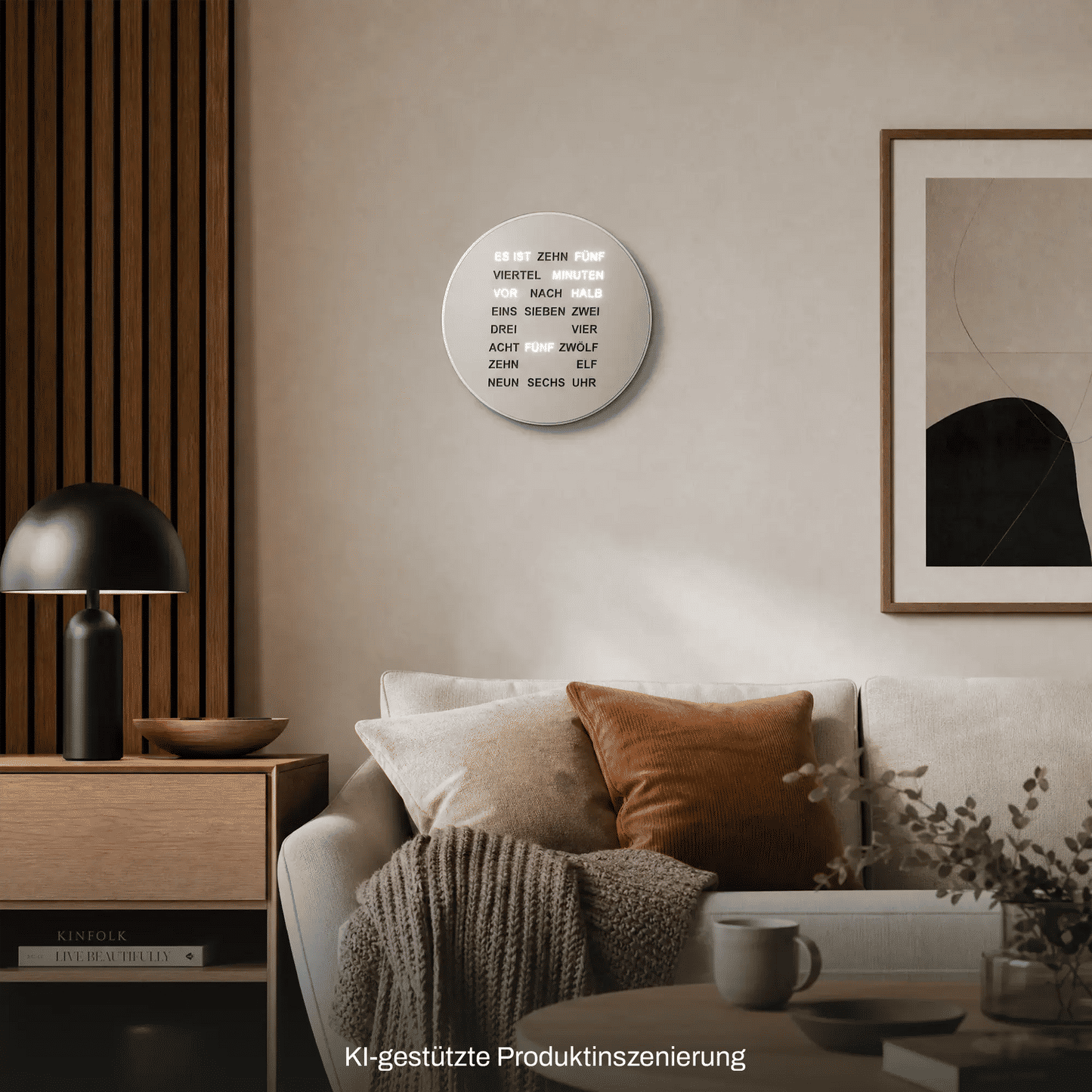 Runde LED-Wortanzeige-Uhr an der Wand, silbernes Display in Alu-Optik, Zeittext