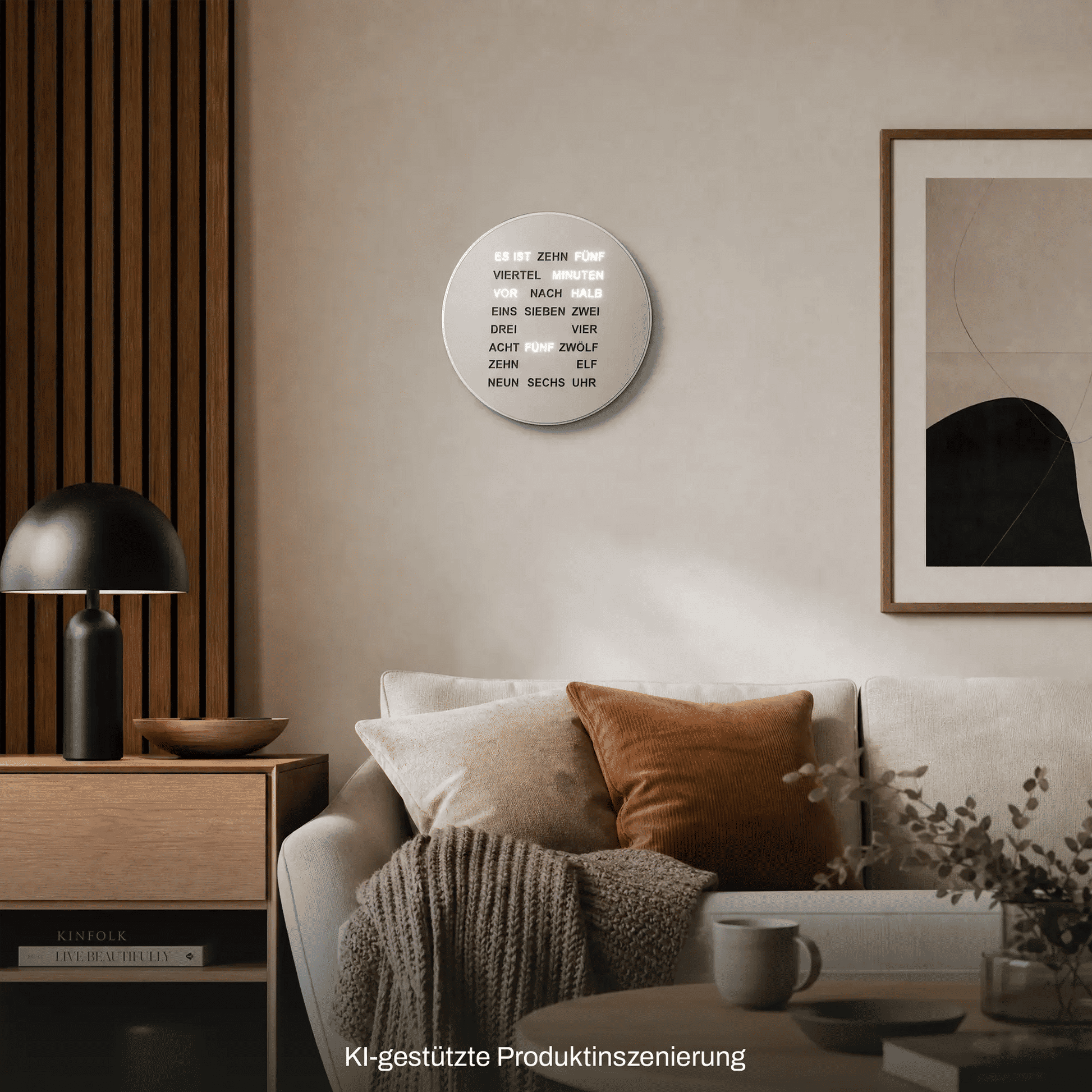 Runde LED-Wortanzeige-Uhr an der Wand, silbernes Display in Alu-Optik, Zeittext