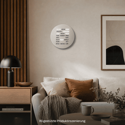 Runde LED-Wortanzeige-Uhr an der Wand, silbernes Display in Alu-Optik, Zeittext