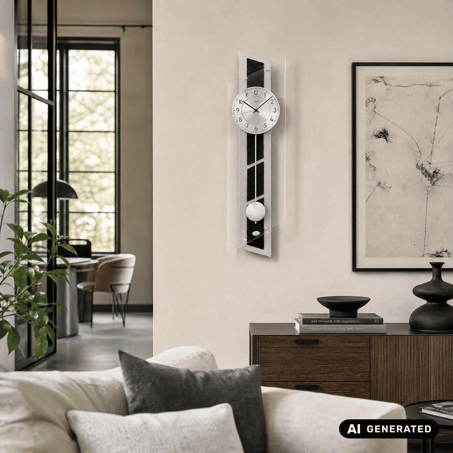 Zegar ścienny AMS W7217 srebrny • mechanizm kwarcowy z wahadłem • aluminium na łupku
