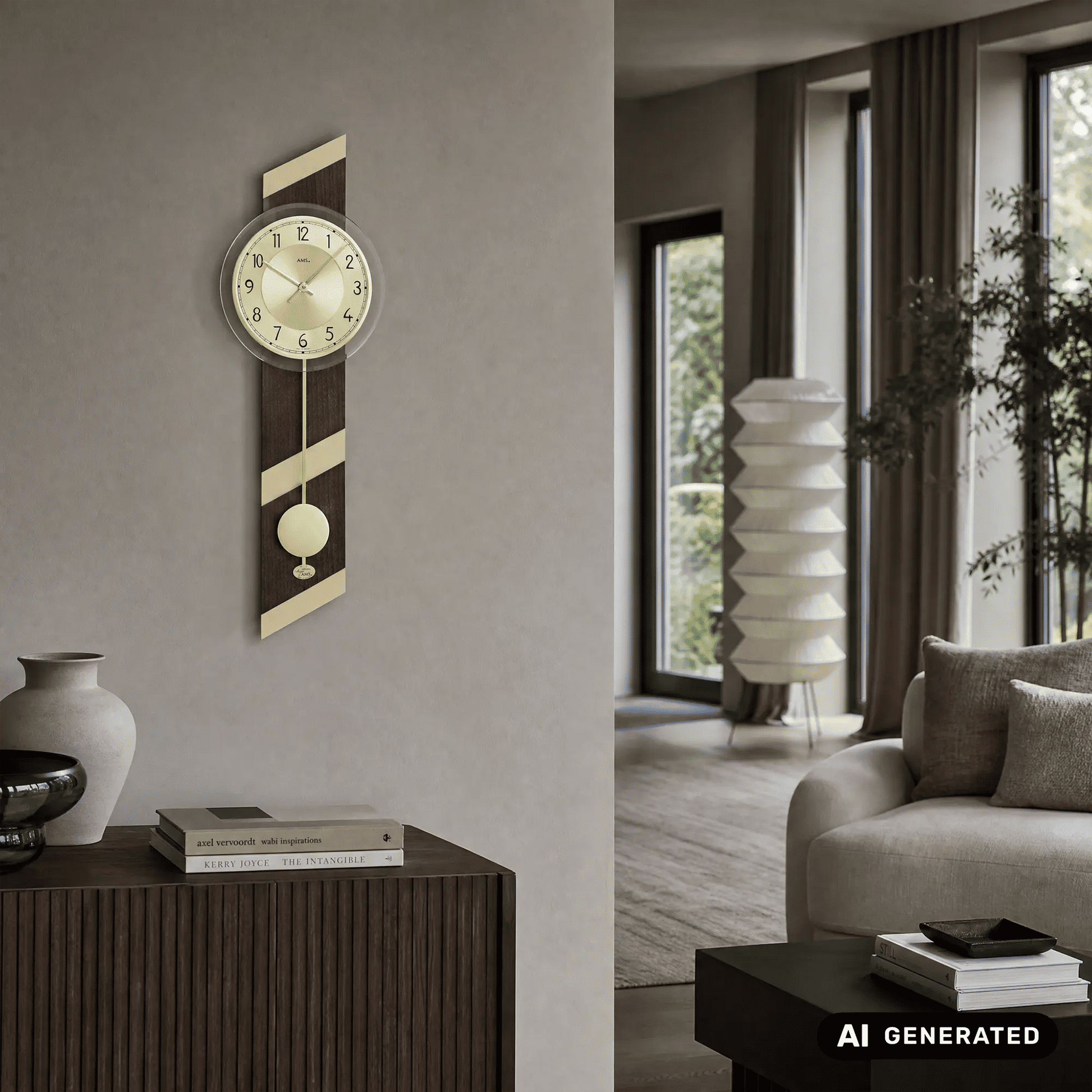 Wanduhr an der Wand mit goldfarbenem Zifferblatt und kugeligem Pendelknauf