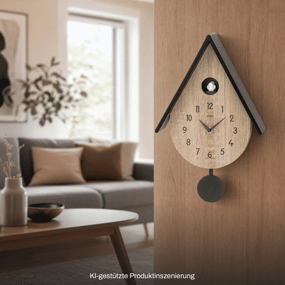 Wanduhr im Kuckucksstil mit Holzoptik und schwarzem Dach und Pendelgewicht