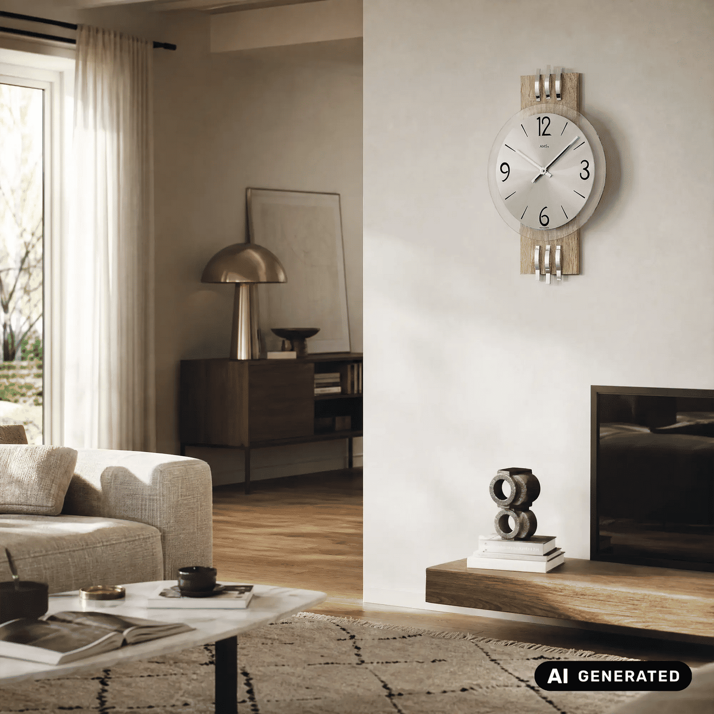 Zegar ścienny AMS W9228 srebrny • Fasetowane szkło mineralne • Aluminiowa tarcza