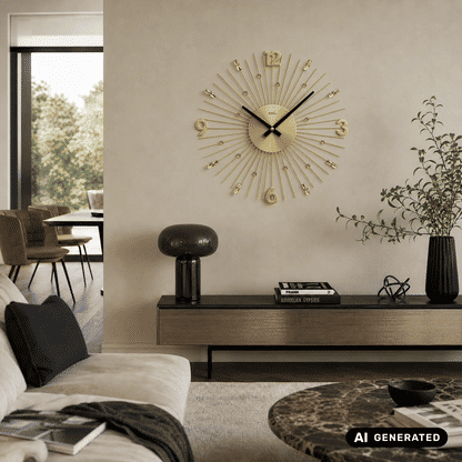 Wanduhr an der Wand: goldfarbenes Ziffernblatt mit schwarzen Zeigern und Metallstäben