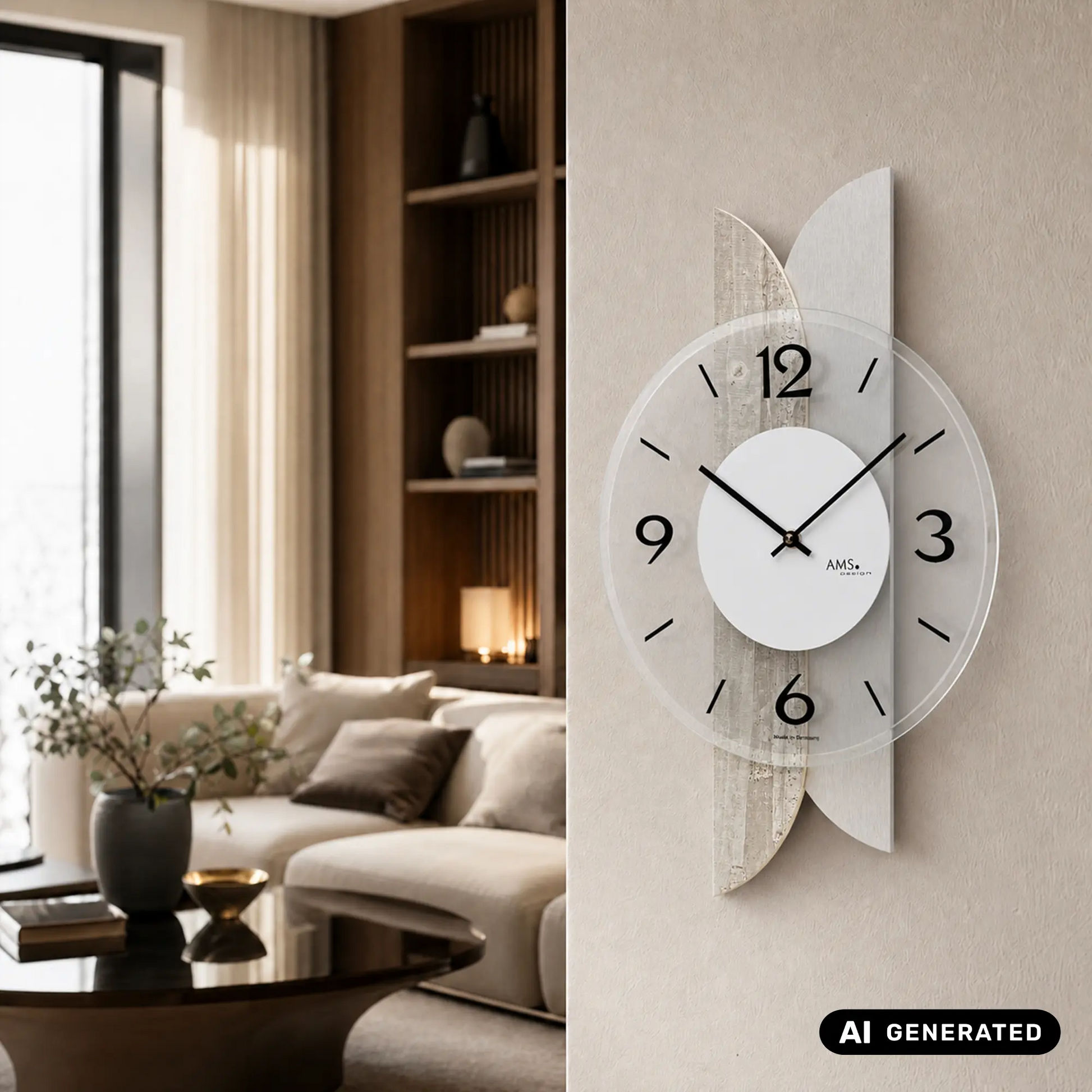 Wanduhr an heller Wand: rundes weißes Zifferblatt, schwarze Zeiger, Holzapplikation mit Glas