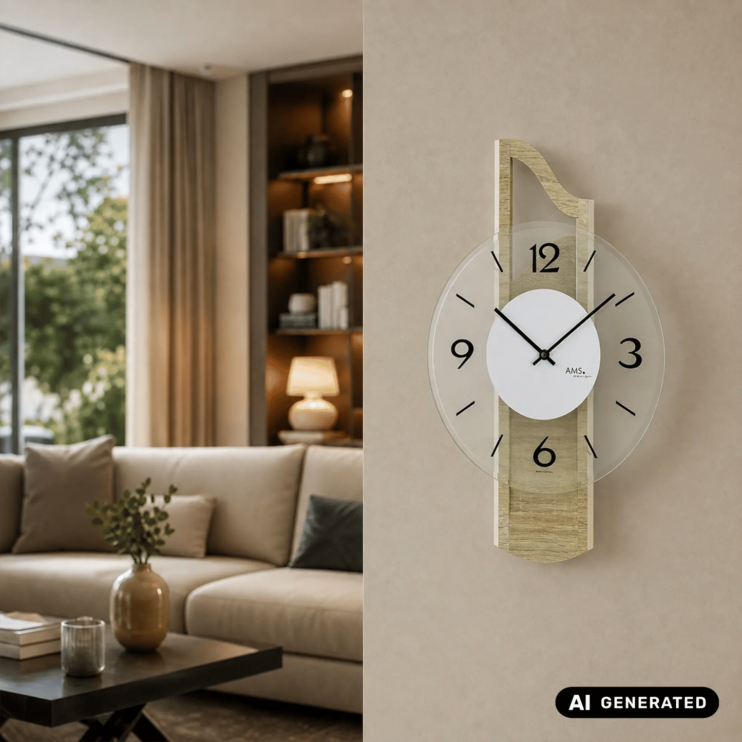Wanduhr an der Wand mit facettiertem Glaszifferblatt und Holzgehäuse in Sonoma