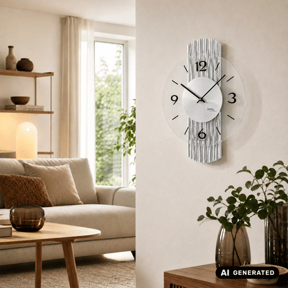 Wanduhr an der Wand mit weißem Ziffernblatt, schwarzen Zahlen/Zeigern und silbernem Rahmen