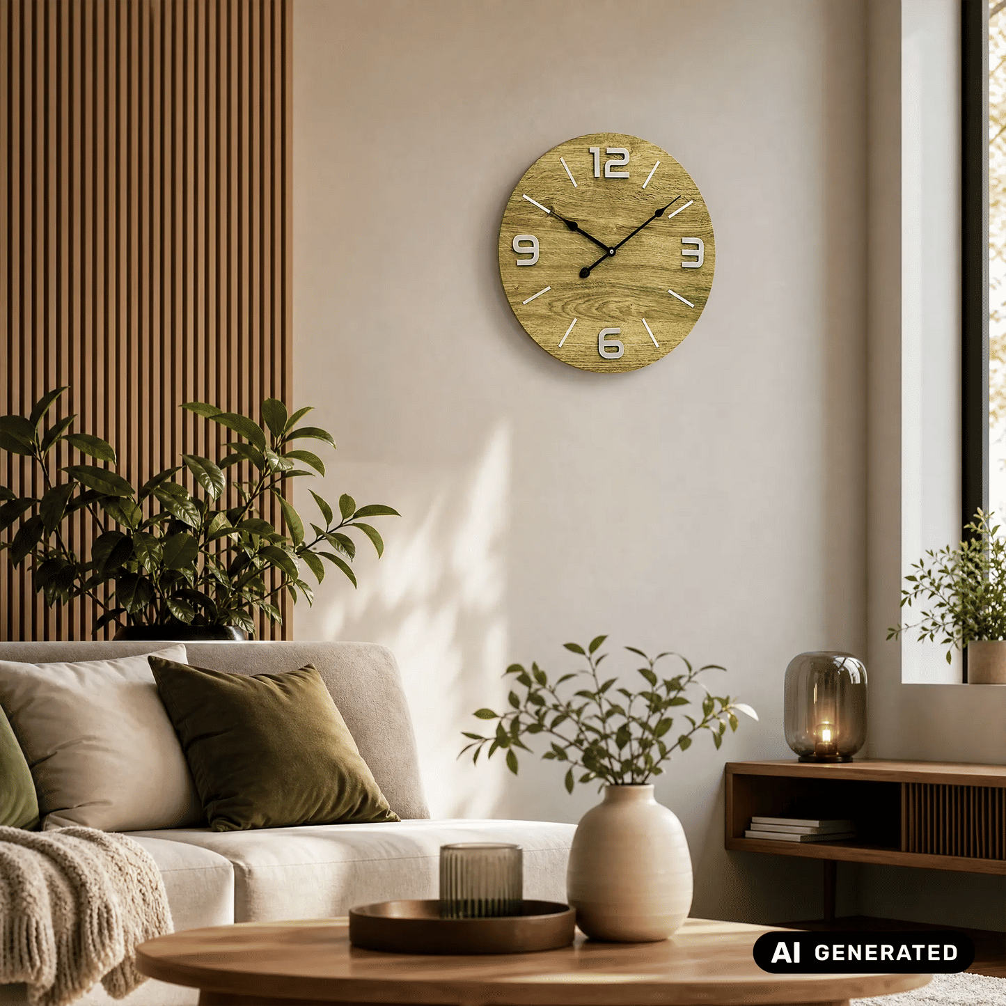 Wanduhr rund: Holz-Optik-Design mit Metallziffern, Indexen und schwarzen Zeigern
