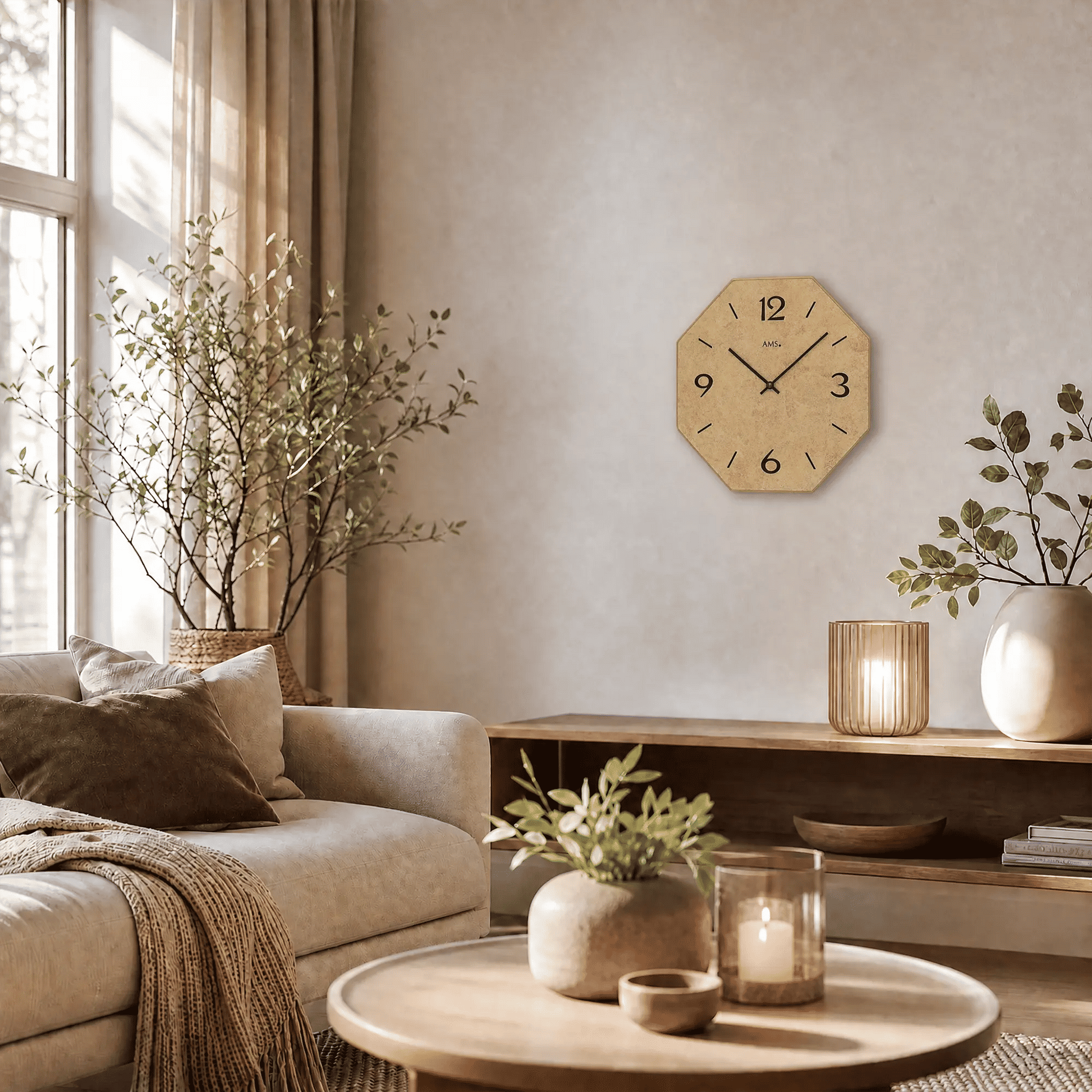 Orologio da parete: cassa ottagonale in legno, quadrante beige con numeri e lancette neri.