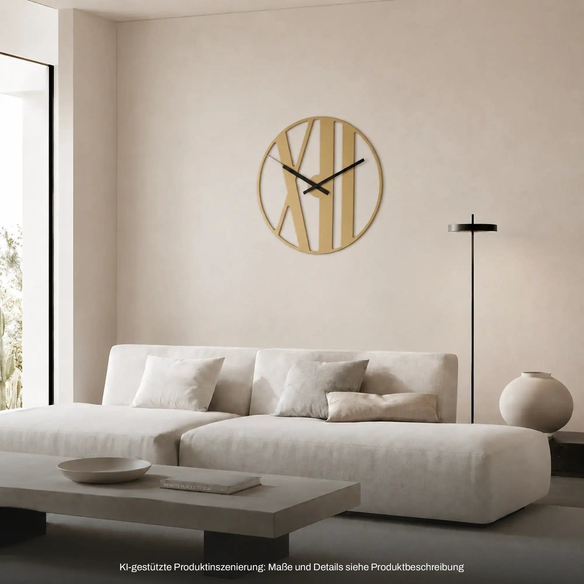 Runde Wanduhr an der Wand mit Holzoptik, Streifen-Zifferblatt und schwarzen Zeigern