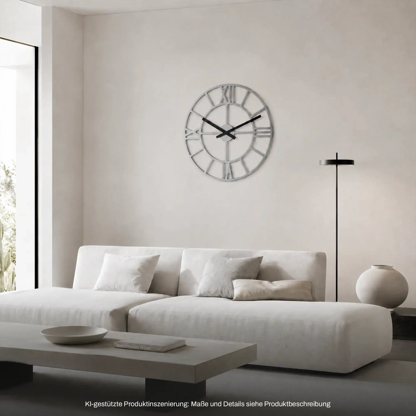 Minimalistische Wanduhr mit Holzrahmen, transparentem Zifferblatt, römischen Zahlen und schwarzen Zeigern