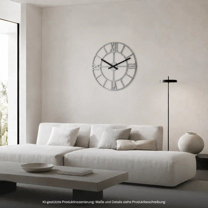 Minimalistische Wanduhr mit Holzrahmen, transparentem Zifferblatt, römischen Zahlen und schwarzen Zeigern