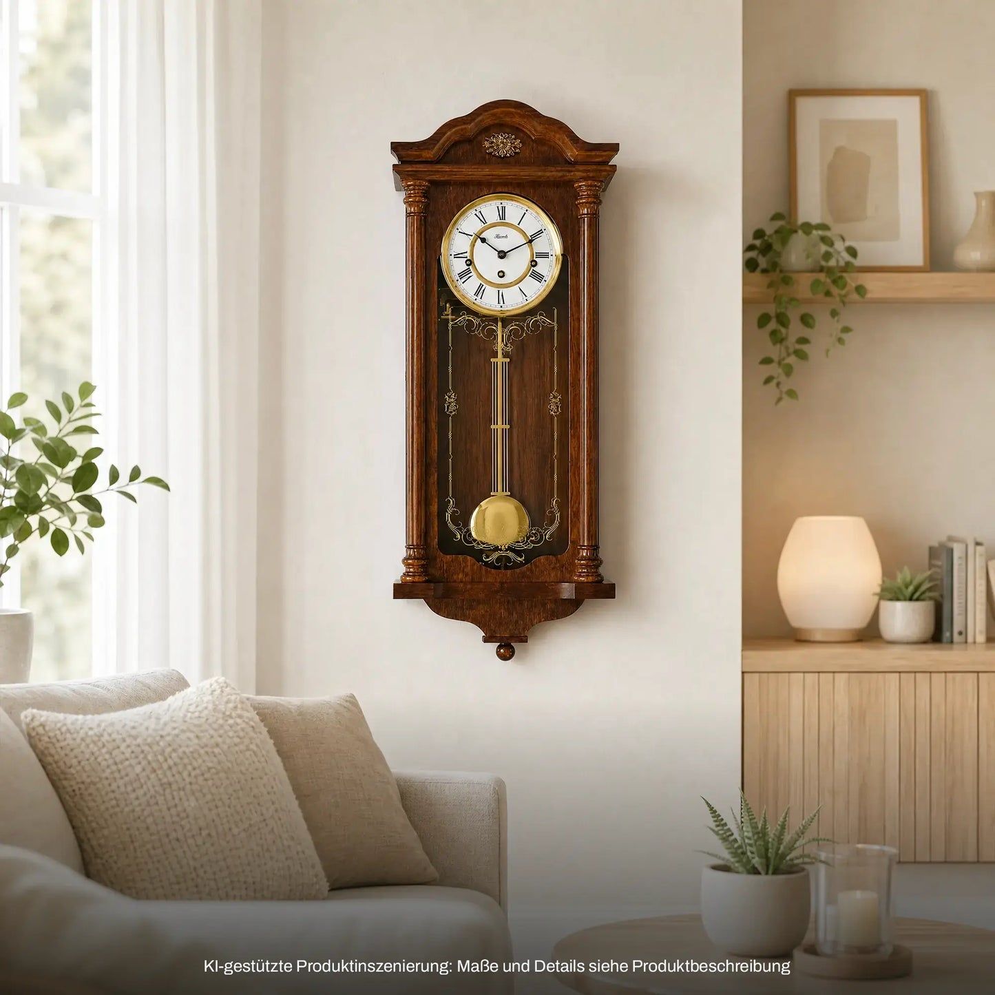 Wanduhr aus Holz mit Glas-Ziffernblatt, geschwungenem Rahmen und Pendel im Innenbereich.