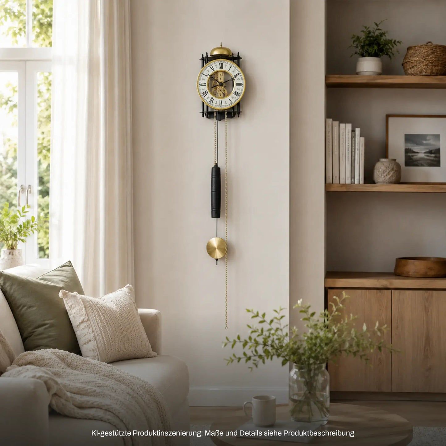 Wanduhr für die Wand: rundes messingfarbenes Gehäuse, Kettenpendel und dunkles Gewicht