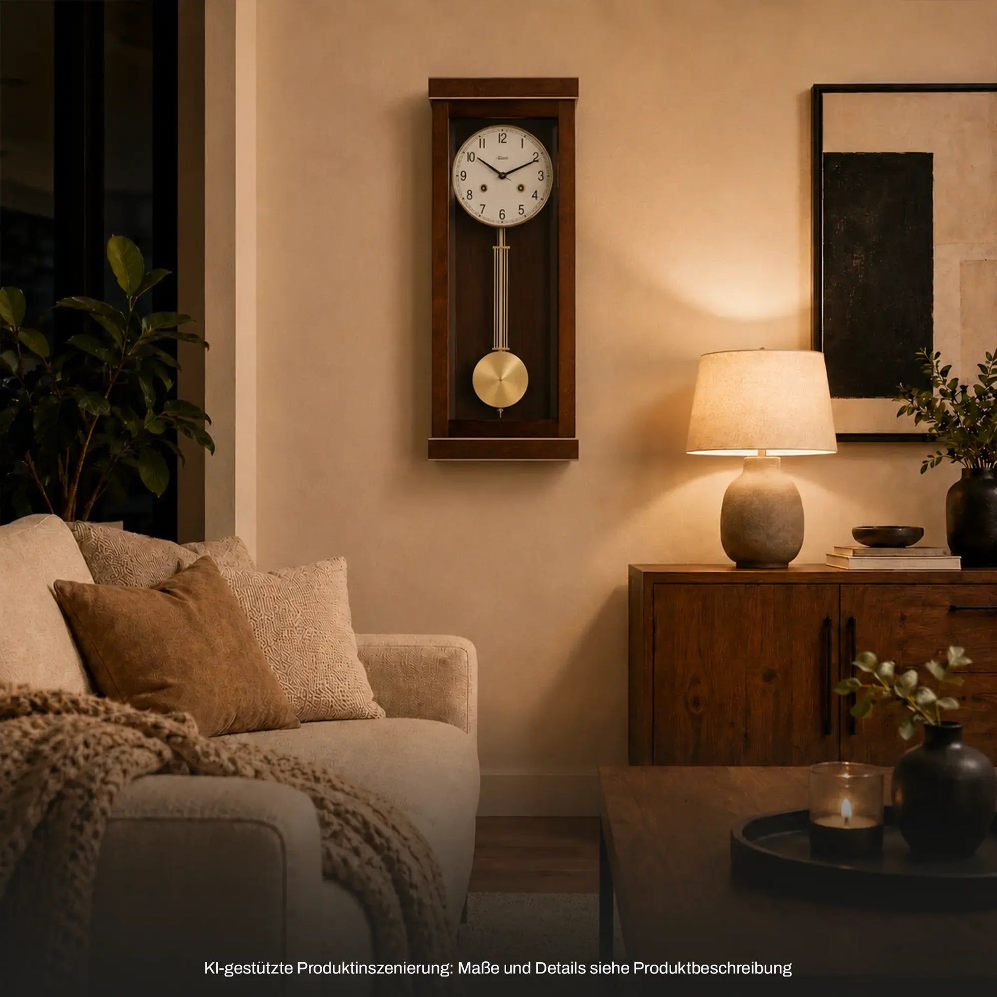Wanduhr aus Holz mit weißem Zifferblatt und Pendelgewicht, rechteckiges Gehäuse