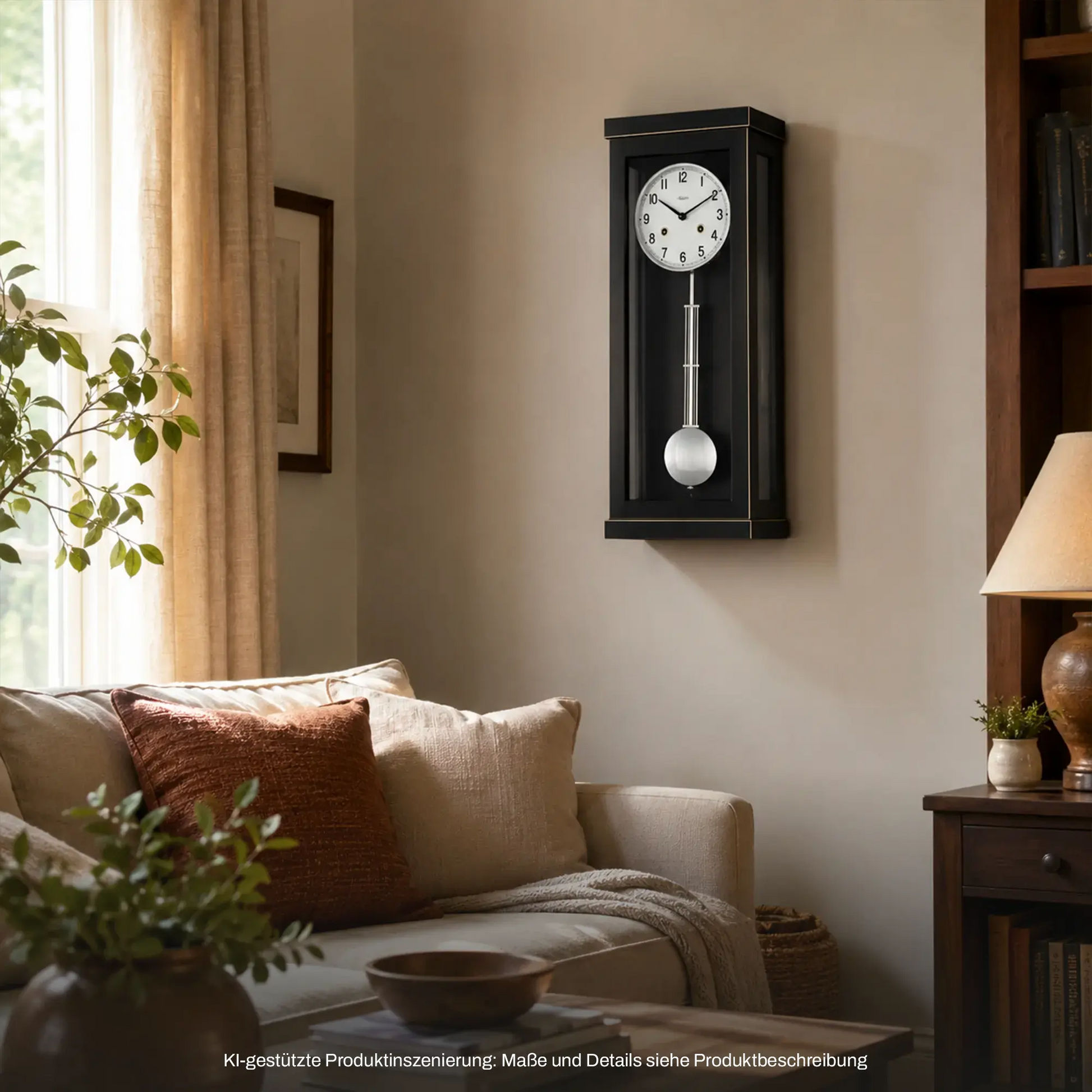 Wanduhr an der Wand mit dunklem Holzgehäuse, großem Zifferblatt und schwingendem Pendel