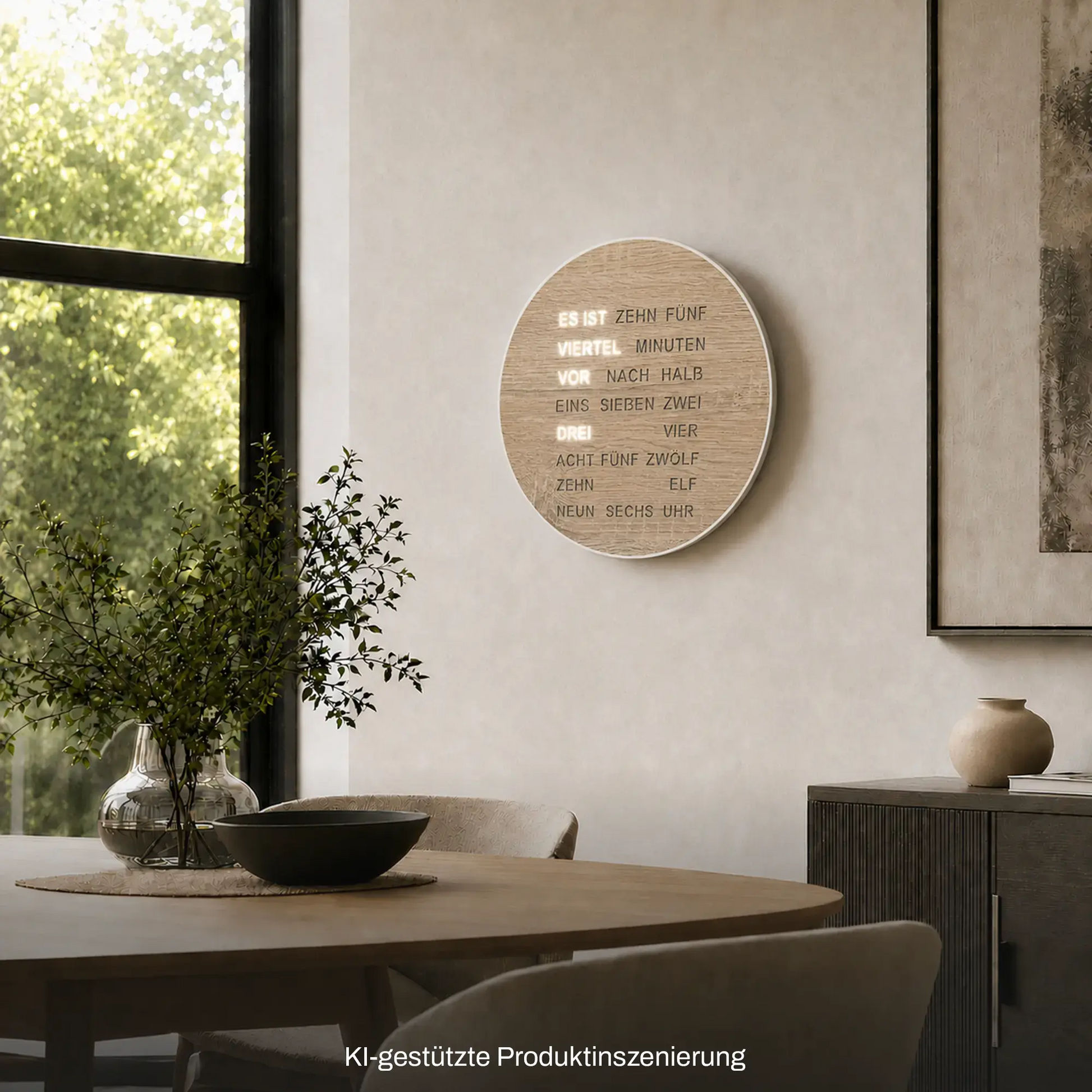 Wanduhr mit runder LED-Wortanzeige in Sonoma-Holzoptik, beleuchtete Schrift