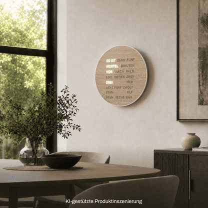 Wanduhr mit runder LED-Wortanzeige in Sonoma-Holzoptik, beleuchtete Schrift