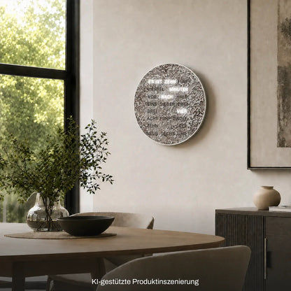 Metallische LED-Wortuhr an der Wand, runder Kreis mit Wortzeit-Anzeige