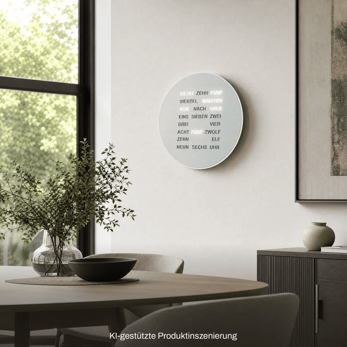 Runde LED-Wortanzeige-Uhr an der Wand, silbernes Runddisplay mit deutscher Zeitansage