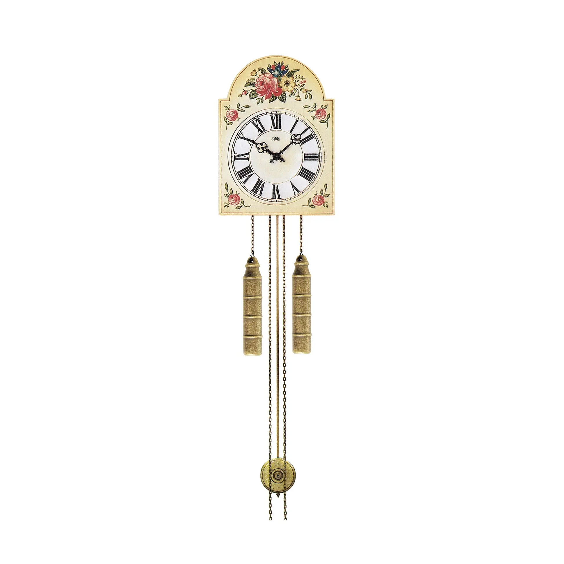 Wanduhr mit floralem Rosendekor, römischem Zifferblatt und goldenen Kettenzug-Gewichten
