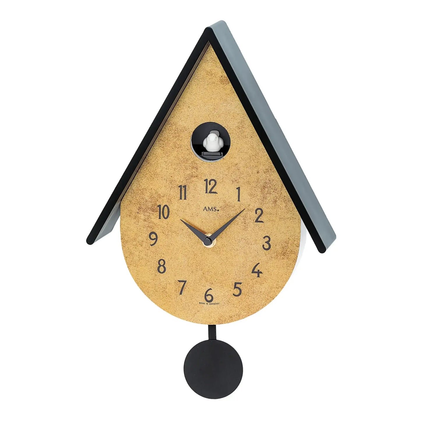 Orologio a cucù moderno con movimento a goccia, quadrante dorato, cassa nera e peso a pendolo