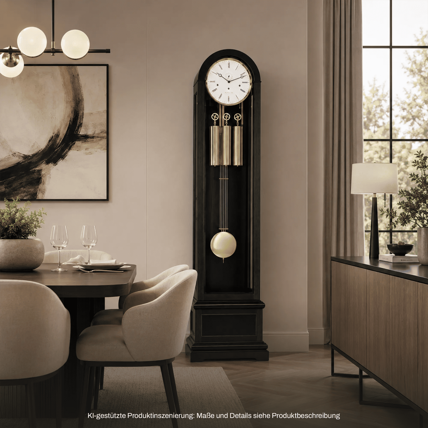 Standuhr mit schwarzem Holzgehäuse, Zifferblatt und goldenen Pendelgewichten