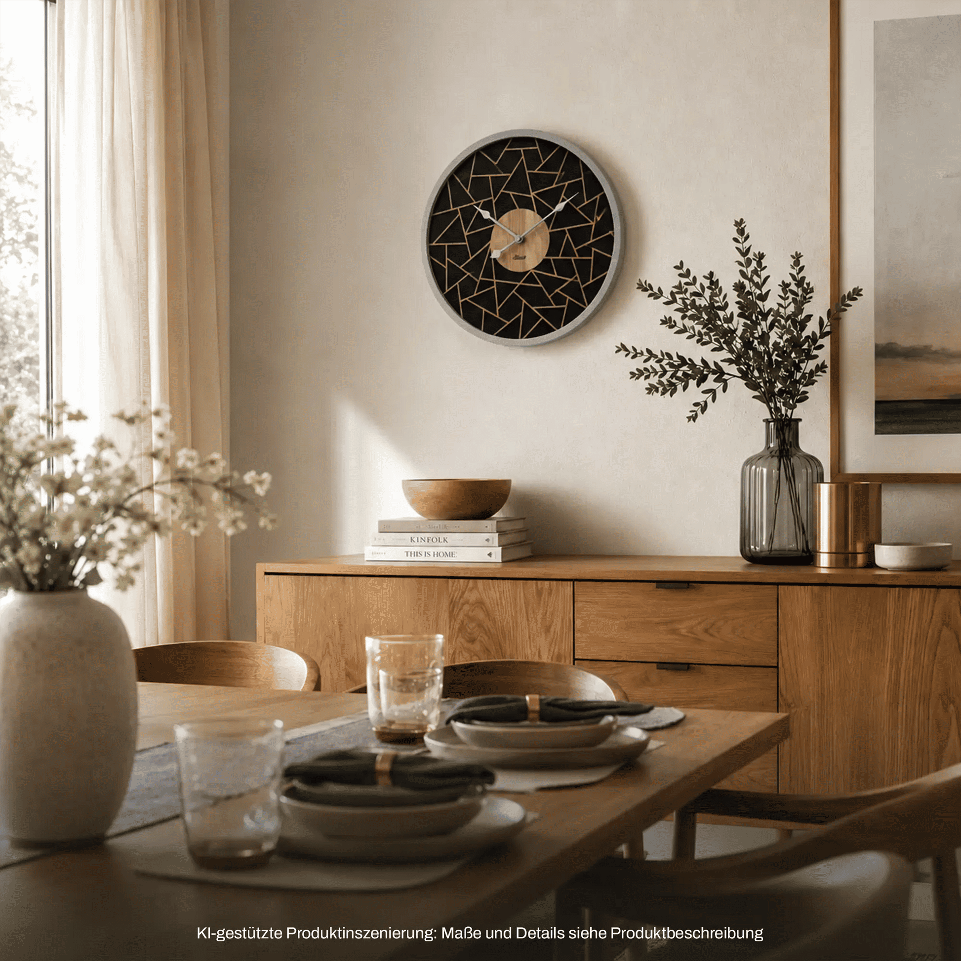 Runde Wanduhr mit schwarzem Ziffernblatt, goldenen Linien und Holzmitte