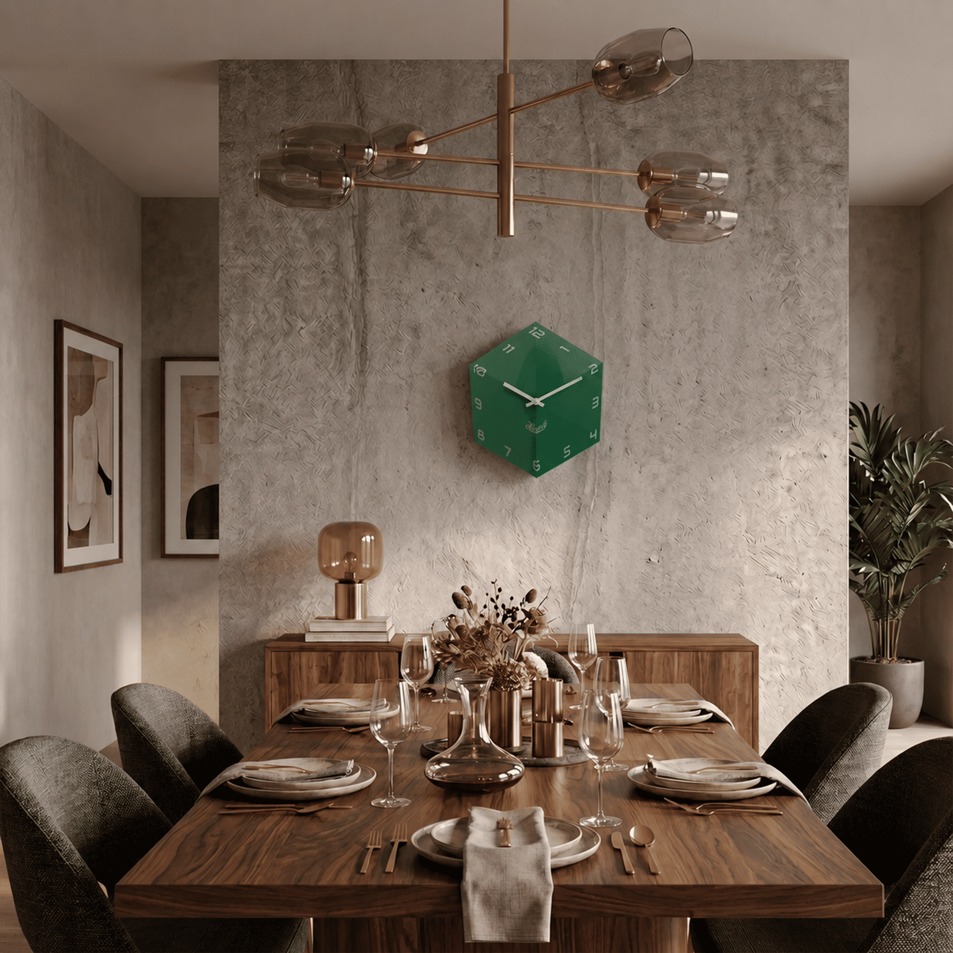 Wanduhr aus Acryl: grüner Würfel mit weißen Zeigern und Ziffern an der Wand, analog
