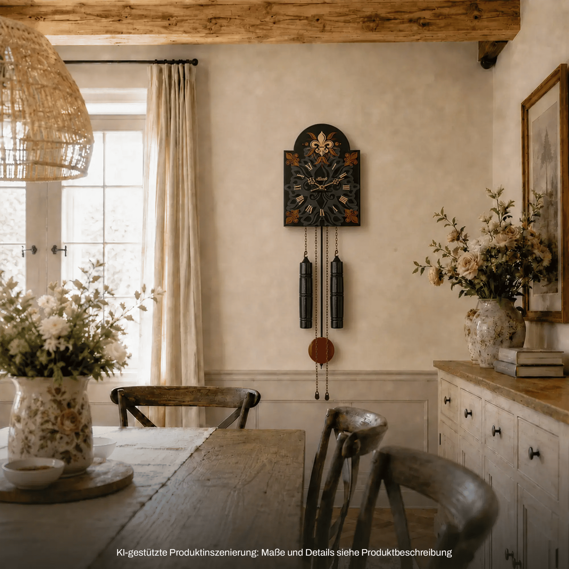 Wanduhr mit schwarzem Ziffernblatt, roten Schmuckelementen und hängenden Pendelteilen an der Wand