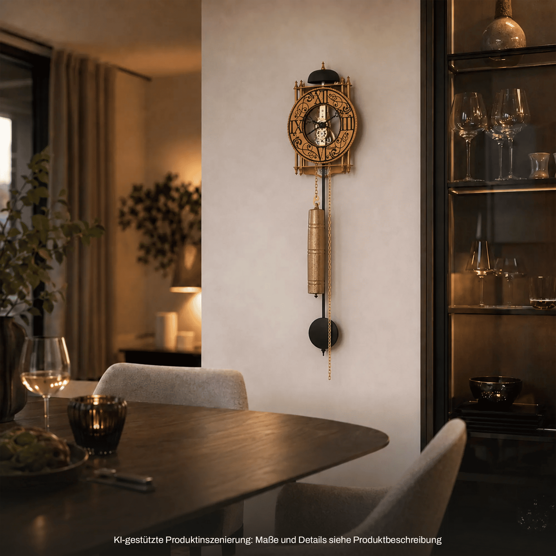 Wanduhr mit goldenem Ziffernblatt und hängendem Pendel