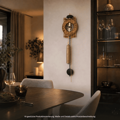 Wanduhr mit goldenem Ziffernblatt und hängendem Pendel