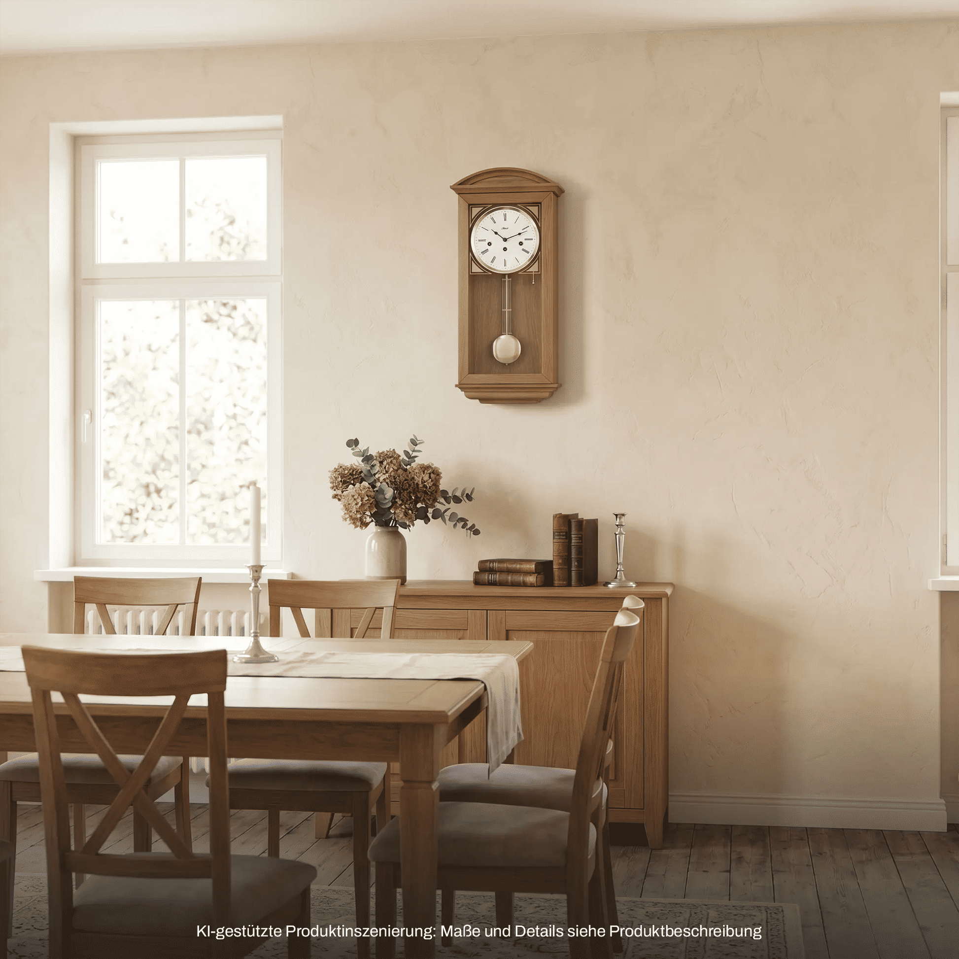 Holz-Wanduhr mit rundem Zifferblatt und Pendel-Detail, an der Wand montiert