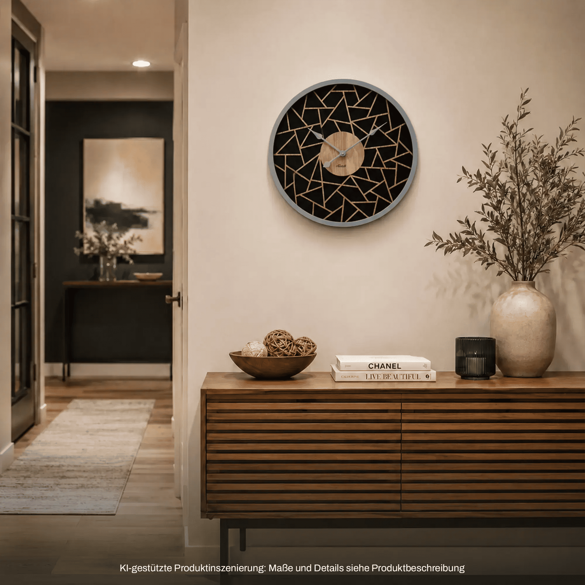 Runde Wanduhr an der Wand mit schwarzem Ziffernblatt, goldenen Linien und Holzmitte