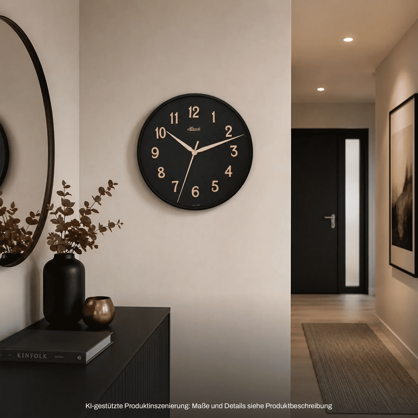 Runde Wanduhr mit schwarzem Zifferblatt, goldfarbenen Ziffern und hellen Zeigern
