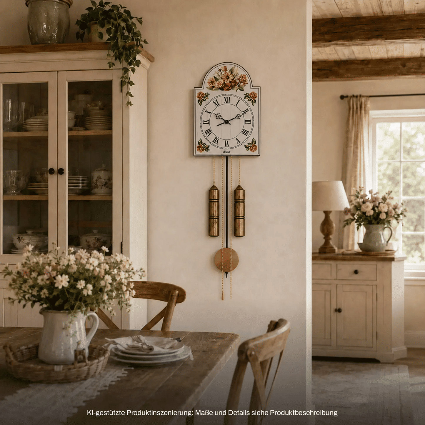 Wanduhr mit Holzgehäuse, weißem Zifferblatt und Blumenbordüre, zwei pendelnden Messinggewichten