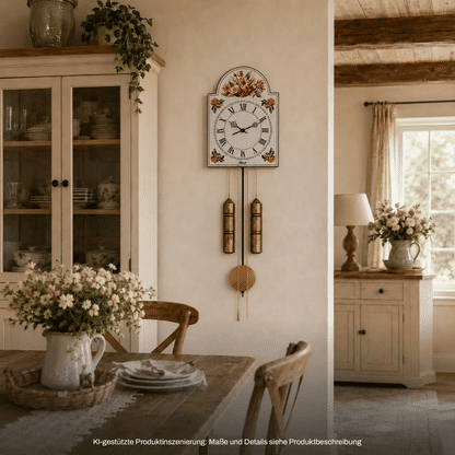 Wanduhr mit Holzgehäuse, weißem Zifferblatt und Blumenbordüre, zwei pendelnden Messinggewichten