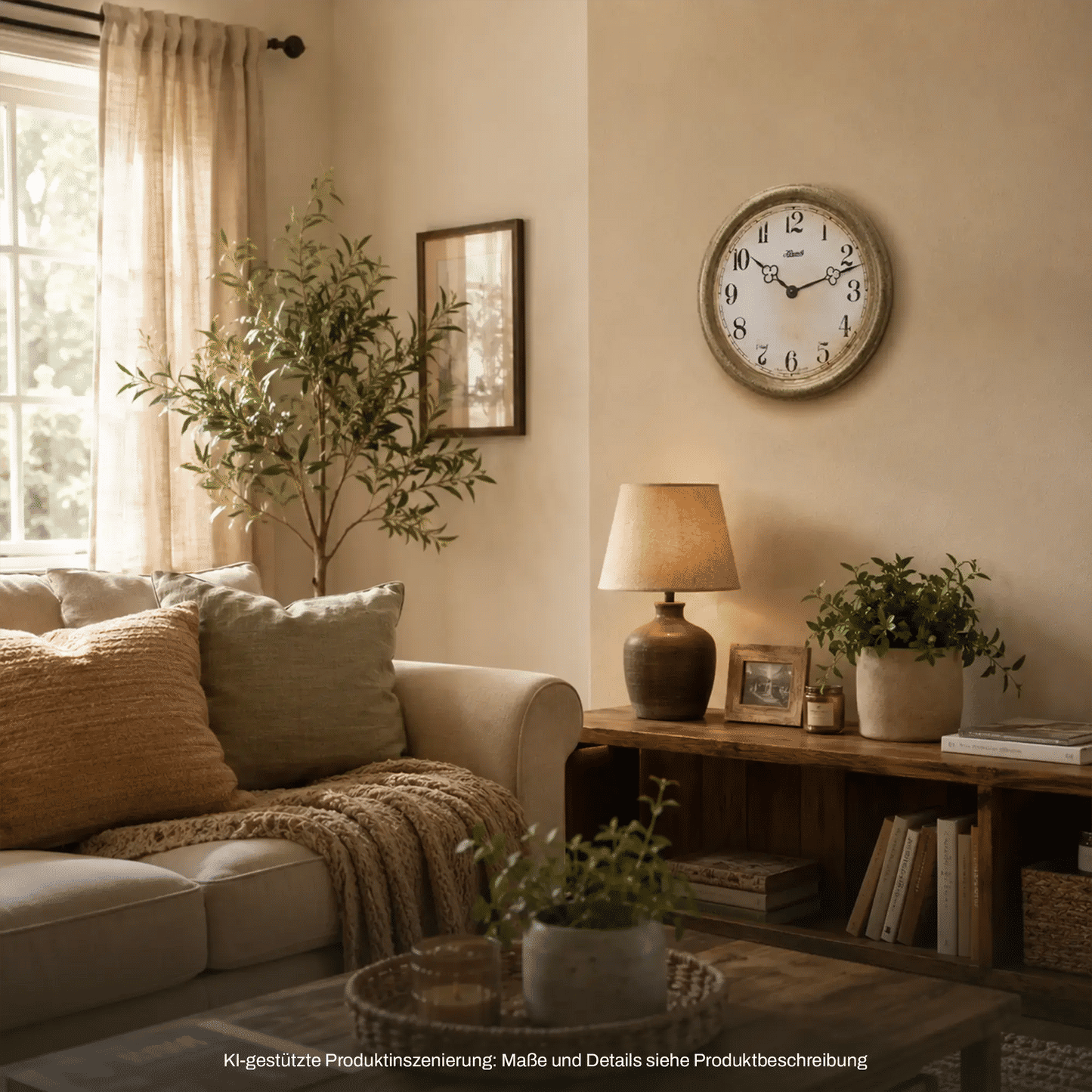 Runde Wanduhr mit Messingrand, helles Zifferblatt und schwarze Zeiger