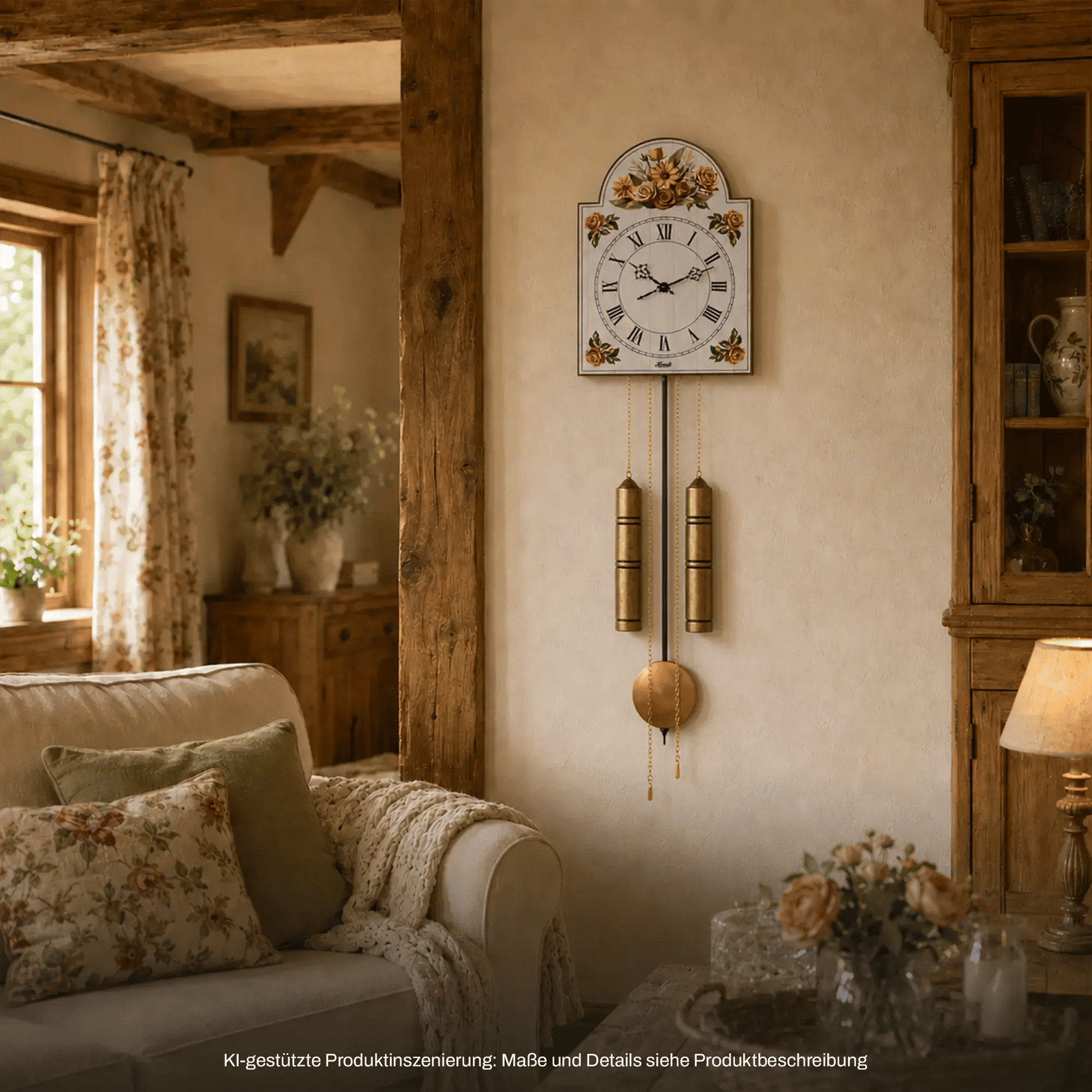 Wanduhr an Wand mit floralem Zifferblatt und zwei Messingpendeln, rundes goldenes Gewicht