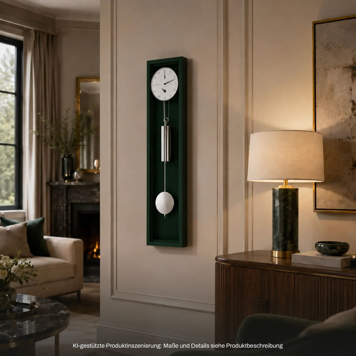 Rechteckige Holz-Wanduhr mit grünem Gehäuse, weißem Zifferblatt und Pendel