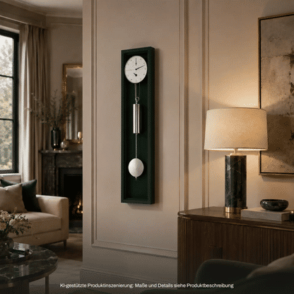 Rechteckige Holz-Wanduhr mit grünem Gehäuse, weißem Zifferblatt und Pendel