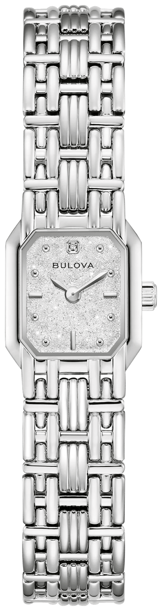 Damenarmbanduhr Bulova mit silbernem Edelstahlband und rechteckigem Zifferblatt
