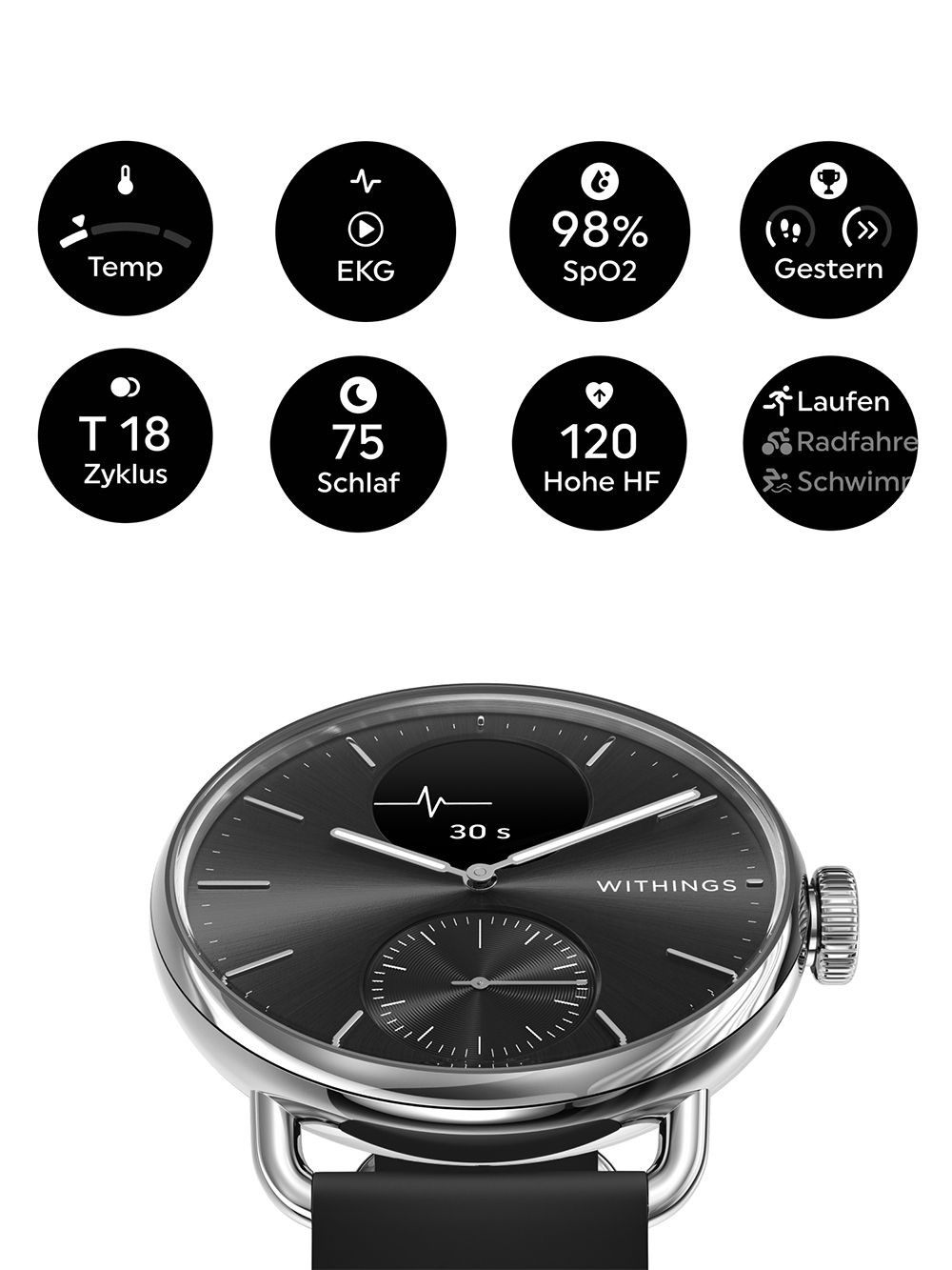 Withings ScanWatch 2 HWA10-model 1-All-Int Damen Schwarz • Hybrid-Smartwatch mit EKG • 30 Tage Akkulaufzeit, Bild 5